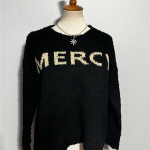 Promesa Black Crewneck Sweater with Cream 'MERCI' Graphic
